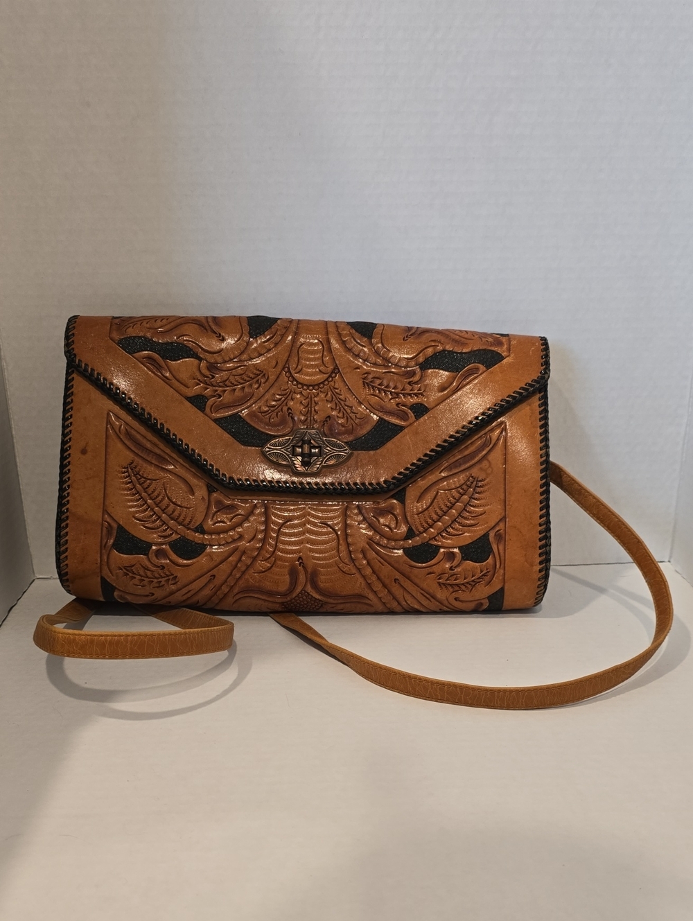 Hand-Tooled Tan Leather Crossbody Clutch